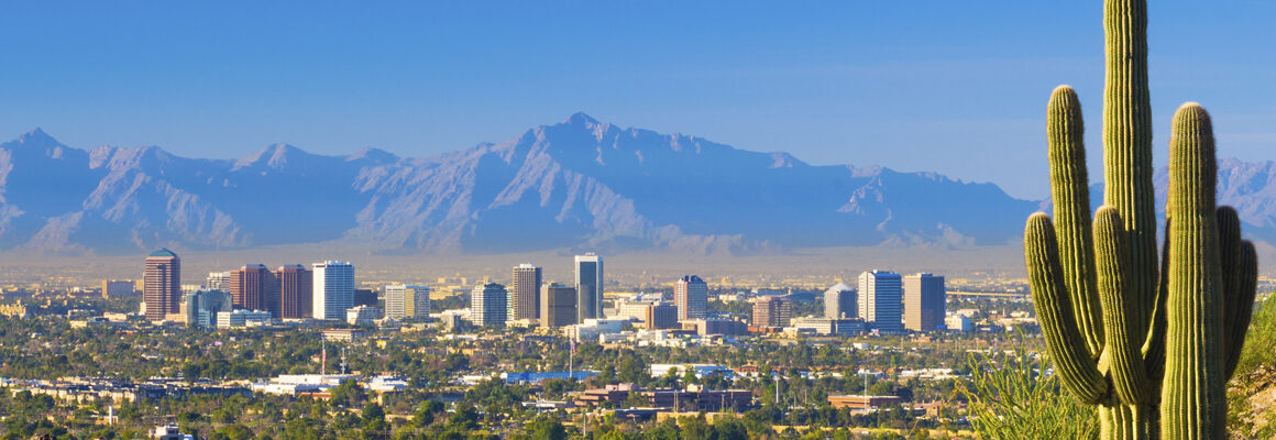 Phoenix midtown skyline with a Saguaro Cactus and other desert scenery in the foreground.
